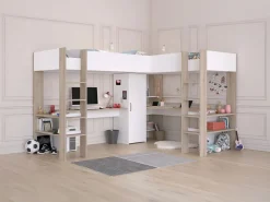Vente-unique Cama Alta|Litera en forma de L 2 x 90 x 200 cm con almacenamiento y escritorios blanco y natural - LASCANO