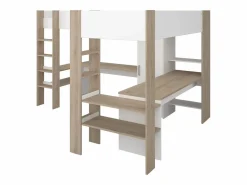 Vente-unique Cama Alta|Litera en forma de L 2 x 90 x 200 cm con almacenamiento y escritorios blanco y natural - LASCANO
