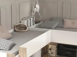 Vente-unique Cama Alta|Litera en forma de L 2 x 90 x 200 cm con almacenamiento y escritorios blanco y natural - LASCANO