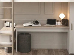 Vente-unique Cama Alta|Litera en forma de L 2 x 90 x 200 cm con almacenamiento y escritorios blanco y natural - LASCANO