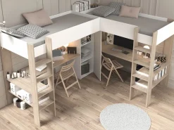 Vente-unique Cama Alta|Litera en forma de L 2 x 90 x 200 cm con almacenamiento y escritorios blanco y natural - LASCANO