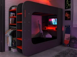 Litera gamer 90 x 200 cm con escritorio LEDs Antracita y rojo con colchón WARRIOR^Vente-unique Sale