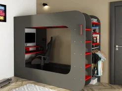 Litera gamer 90 x 200 cm con escritorio LEDs Antracita y rojo con colchón WARRIOR^Vente-unique Sale