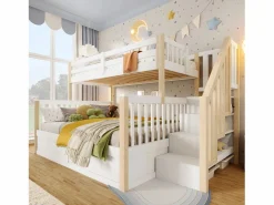 Merax Cama Litera|Litera infantil - 90 x 200 cm + 140 x 200 cm - con almacenaje hidráulico y escalera de almacenaje - madera - blanco + natural