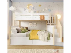 Merax Cama Litera|Litera infantil - 90 x 200 cm + 140 x 200 cm - con almacenaje hidráulico y escalera de almacenaje - madera - blanco + natural