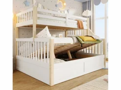 Merax Cama Litera|Litera infantil - 90 x 200 cm + 140 x 200 cm - con almacenaje hidráulico y escalera de almacenaje - madera - blanco + natural