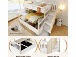 Merax Cama Litera|Litera infantil - 90 x 200 cm + 140 x 200 cm - con almacenaje hidráulico y escalera de almacenaje - madera - blanco + natural