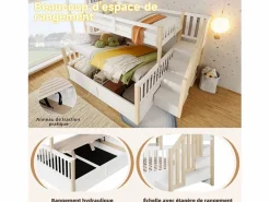 Merax Cama Litera|Litera infantil - 90 x 200 cm + 140 x 200 cm - con almacenaje hidráulico y escalera de almacenaje - madera - blanco + natural