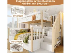 Merax Cama Litera|Litera infantil - 90 x 200 cm + 140 x 200 cm - con almacenaje hidráulico y escalera de almacenaje - madera - blanco + natural