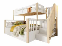 Merax Cama Litera|Litera infantil - 90 x 200 cm + 140 x 200 cm - con almacenaje hidráulico y escalera de almacenaje - madera - blanco + natural