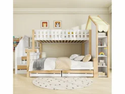 Merax Litera infantil - 90 x 200 cm + 140 x 200 cm - con escalera de almacenaje + 2 cajones - madera - blanco + natural Multicolor Outlet