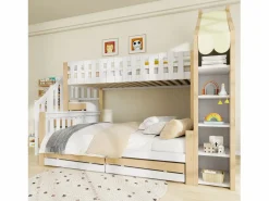 Merax Litera infantil - 90 x 200 cm + 140 x 200 cm - con escalera de almacenaje + 2 cajones - madera - blanco + natural Multicolor Outlet