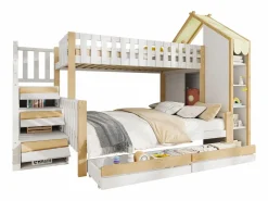 Merax Litera infantil - 90 x 200 cm + 140 x 200 cm - con escalera de almacenaje + 2 cajones - madera - blanco + natural Multicolor Outlet