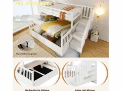 Merax Cama Litera|Litera infantil - 90 x 200 cm + 140 x 200 cm - con almacenaje hidráulico y escalera de almacenaje - madera -