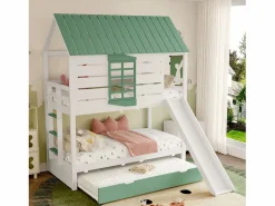 Merax Cama Litera|Litera infantil - 2 x 90 x 200 cm + 90 x 190 cm - con tobogán + cama nido - MDF + pino -