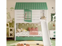 Merax Cama Litera|Litera infantil - 2 x 90 x 200 cm + 90 x 190 cm - con tobogán + cama nido - MDF + pino -