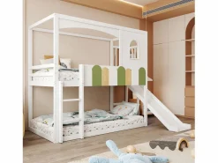 Litera infantil - 2 x 90 x 200 cm - forma de casa - con ventanas + tobogán + escalera - madera -^Merax Discount