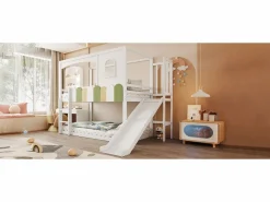 Litera infantil - 2 x 90 x 200 cm - forma de casa - con ventanas + tobogán + escalera - madera -^Merax Discount