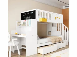 Merax Cama Litera|Cama Con Almacenaje|Litera infantil - 2 x 90 x 200 cm - con cajones + escalera de almacenaje + escritorio - pino macizo -