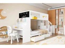 Merax Cama Litera|Cama Con Almacenaje|Litera infantil - 2 x 90 x 200 cm - con cajones + escalera de almacenaje + escritorio - pino macizo -