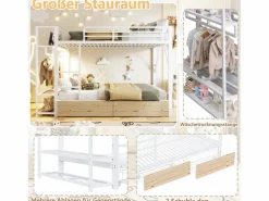 Merax Cama Litera|Litera infantil - 2 x 140 x 200 cm - estructura de hierro - con 2 cajones + estantes + LED - metal -