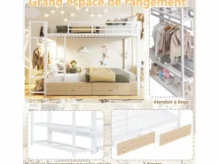 Merax Cama Litera|Litera infantil - 2 x 140 x 200 cm - estructura de hierro - con 2 cajones + estantes + LED - metal -