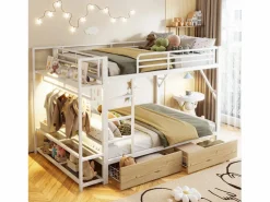 Merax Cama Litera|Litera infantil - 2 x 140 x 200 cm - estructura de hierro - con 2 cajones + estantes + LED - metal -