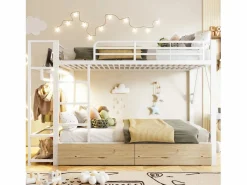Merax Cama Litera|Litera infantil - 2 x 140 x 200 cm - estructura de hierro - con 2 cajones + estantes + LED - metal -