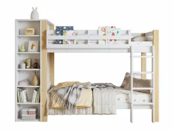 Cama Litera|Litera infantil, protección, barandilla, escalera 4 peldaños, 6 estantes, armario lateral, almacenaje, pino+PB, +natural, 90x200cm