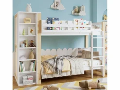 Cama Litera|Litera infantil, protección, barandilla, escalera 4 peldaños, 6 estantes, armario lateral, almacenaje, pino+PB, +natural, 90x200cm