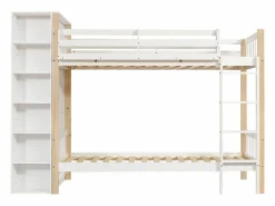 Cama Litera|Litera infantil, protección, barandilla, escalera 4 peldaños, 6 estantes, armario lateral, almacenaje, pino+PB, +natural, 90x200cm