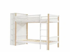 Cama Litera|Litera infantil, protección, barandilla, escalera 4 peldaños, 6 estantes, armario lateral, almacenaje, pino+PB, +natural, 90x200cm
