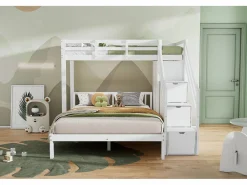 ModernLuxe Cama Litera|Litera infantil 90x200 cm + 140x200 cm - con armario y escalera almacenaje - en madera maciza y MDF -