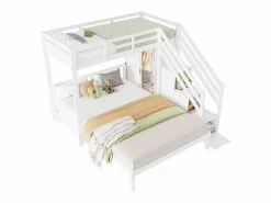 ModernLuxe Cama Litera|Litera infantil 90x200 cm + 140x200 cm - con armario y escalera almacenaje - en madera maciza y MDF -