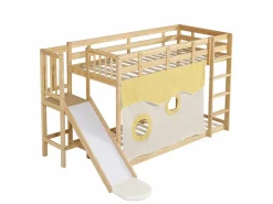 Hauss Spole Litera infantil 90x200cm con escalera, cortinas y tobogán - Madera de pino y MDF - Color natural Color natural claro Outlet