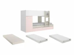 Vente-unique Cama Nido|Cama Litera|Litera nido y armario 3 x 90 x 190 cm blanco natural y rosa con colchón ANTHONY