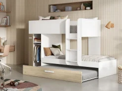 Vente-unique Litera nido y armario 3 x 90 x 190 cm blanco y natural con colchón. ANTHONY Color natural claro / Blanco