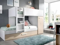 Vente-unique Litera nido y armario 3 x 90 x 190 cm blanco y natural con colchón. ANTHONY Color natural claro / Blanco