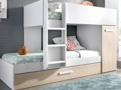 Vente-unique Litera nido y armario 3 x 90 x 190 cm blanco y natural con colchón. ANTHONY Color natural claro / Blanco