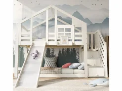 Litera para niños - con escalera de almacenamiento y tobogán - cama de cabina 2 x 90 x 200 cm - Pin + MDF -^DripeX
