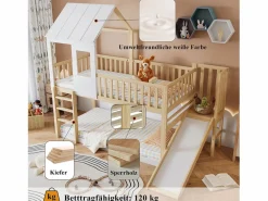 Merax Cama Litera|Litera para niños 90 x 200 cm con tobogán + somier, colores: natural y blanco