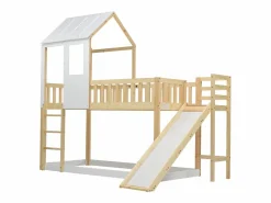 Merax Cama Litera|Litera para niños 90 x 200 cm con tobogán + somier, colores: natural y blanco