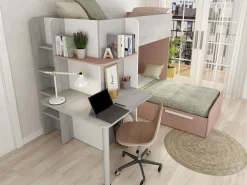 Litera rinconera 2 x 90 x 190 cm con escritorio color gris blanco y rosa - SAMUEL^Vente-unique