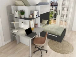 Vente-unique Cama Litera|Litera rinconera 2 x 90 x 190 cm con escritorio gris blanco y negro + colchón - SAMUEL