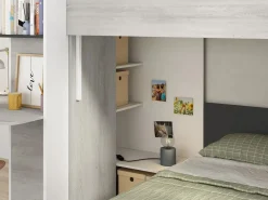 Vente-unique Cama Litera|Litera rinconera 2 x 90 x 190 cm con escritorio gris blanco y negro + colchón - SAMUEL