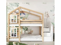 Litera tipo cabina de pino macizo con barreras anticaída y escalera de almacenamiento - 90x200 cm - natural y blanco^ModernLuxe Sale