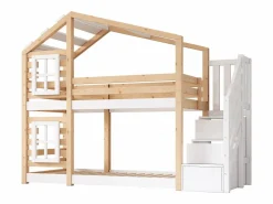 Litera tipo cabina de pino macizo con barreras anticaída y escalera de almacenamiento - 90x200 cm - natural y blanco^ModernLuxe Sale
