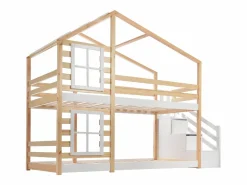 Litera tipo cabina de pino macizo con barreras anticaída y escalera de almacenamiento - 90x200 cm - natural y blanco^ModernLuxe Sale