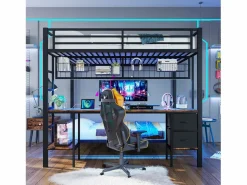 ModernLuxe Litera 140x200 cm - con cajón - con escritorio - con iluminación LED + USB - (sin colchón) Negro Clearance