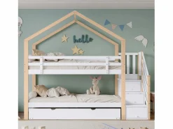 ModernLuxe Litera 90x200cm + cama nido 90x190cm - cama nido infantil con escalera de almacenaje - madera maciza - Blanco Discount